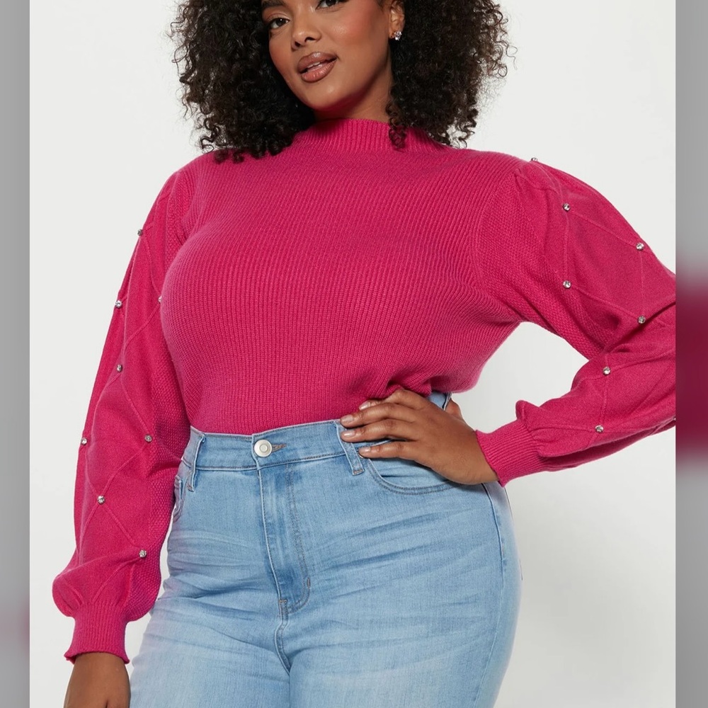 Fashion Nova Pink Rhinestone Sleeved Turtleneck Sweater